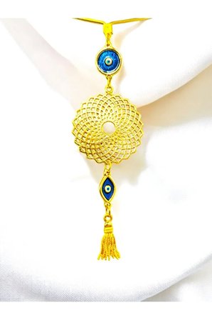 Elips Mineli Nazar Boncuklu Metal Lotus Çiçeği Araba Dikiz Ayna Süsü/ Püsküllü Yeni Araba Hediyesi