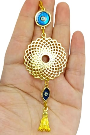 Elips Mineli Nazar Boncuklu Metal Lotus Çiçeği Araba Dikiz Ayna Süsü/ Püsküllü Yeni Araba Hediyesi