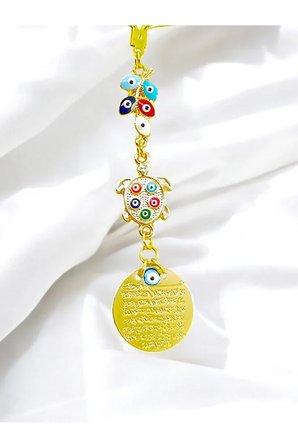 Renkli Salkım Nazar ve Kaplumbağa Detaylı Metal Ayetel Kürsi Araba Dikiz Ayna Süsü,  Araba Hediyesi