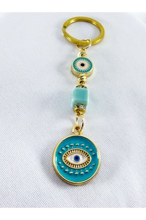Açık Mavi  Parlak Taşlı Küp Boncuk Detaylı Göz Figürlü Anahtarlık / Hediyelik Anahtarlık