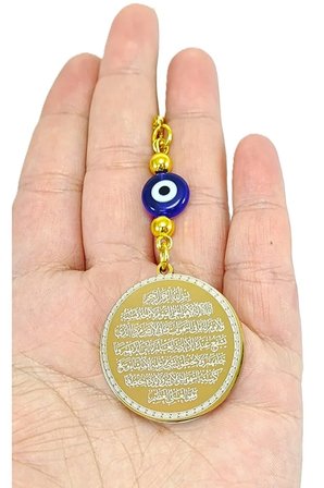 Yassı Nazar Detaylı Altın Renkli  Çelik Çift Taraflı Ayetel Kürsi/ Nazar Ayeti Araba Dikiz Ayna Süsü