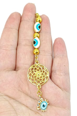 Küçük Yengeç, Elips Nazar Gözü Detaylı Metal Lotus Çiçeği Araba Dikiz Ayna Süsü/ Altın Rengi