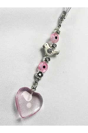 Pembe Cam Nazar Boncuğu Metal Kuş Araba Dikiz Ayna Süsü, Pembe Kalpli Yeni Araba Hediyesi