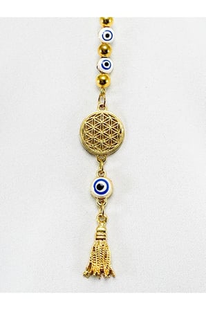 Beyaz Nazar Boncuğu Yaşam Çiçeği Araba Dikiz Ayna Süsü, Gold Renkli Yeni Araba Hediyesi