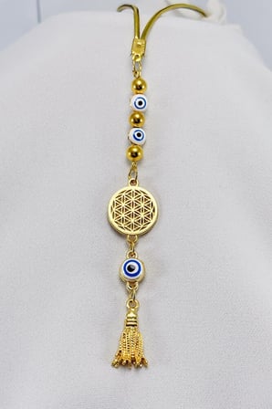 Beyaz Nazar Boncuğu Yaşam Çiçeği Araba Dikiz Ayna Süsü, Gold Renkli Yeni Araba Hediyesi
