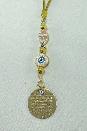 Çerçeveli Renkli Balık Nazar Gold Metal Ayetel Kürsi Araba Dikiz Ayna Süsü, Yeni Araba Hediyesi