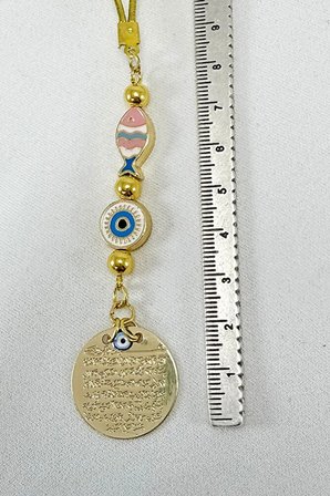 Çerçeveli Renkli Balık Nazar Gold Metal Ayetel Kürsi Araba Dikiz Ayna Süsü, Yeni Araba Hediyesi
