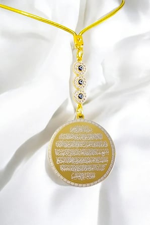 Üçlü Zirkon Taşlı Altın Renkli Çelik Çift Taraflı Ayetel Kürsi/Felak Nas İhlas Araba Dikiz Ayna Süsü