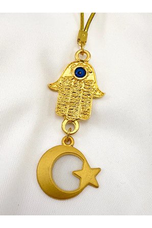 Altın Kaplama Hamse Ay Yıldız Gold Renkli Araba Dikiz Ayna Süsü, Lüks Yeni Araba Hediyesi