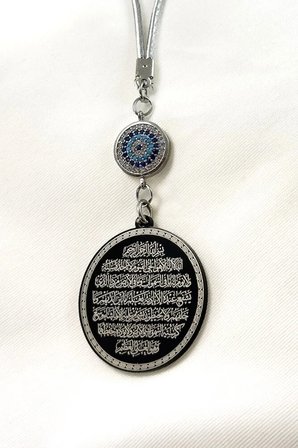 Zirkon Taşlı Nazar Siyah Çelik Çift Taraflı Ayetel Kürsi /Nazar Ayeti Araba Dikiz Ayna Süsü