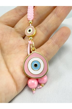 Toz Pembe Parlak Taşlı Küp Boncuk Detaylı Göz Figürlü Anahtarlık / Hediyelik Anahtarlık