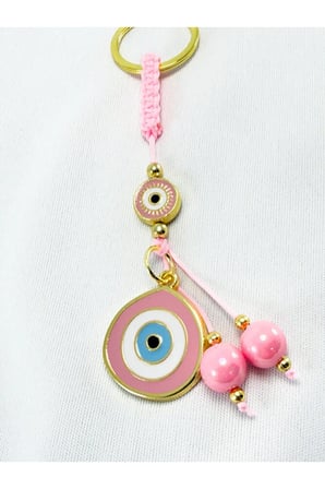 Toz Pembe Parlak Taşlı Küp Boncuk Detaylı Göz Figürlü Anahtarlık / Hediyelik Anahtarlık