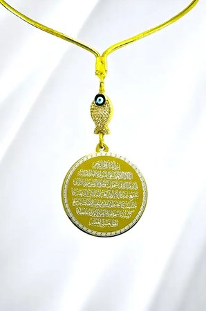Parlak Taşlı Balık Gold Çelik Çift Taraflı Ayetel Kürsi/ Nazar Ayeti Araba Dikiz Ayna Süsü