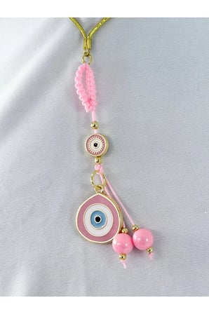 Toz Pembe Parlak Taşlı Küp Boncuk Detaylı Göz Figürlü Araba Dikiz Ayna Süsü, Yeni Araba Hediyesi