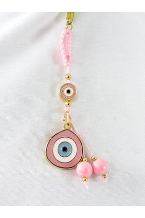 Toz Pembe Parlak Taşlı Küp Boncuk Detaylı Göz Figürlü Araba Dikiz Ayna Süsü, Yeni Araba Hediyesi