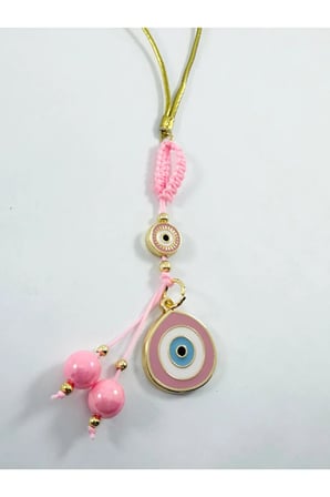 Toz Pembe Parlak Taşlı Küp Boncuk Detaylı Göz Figürlü Araba Dikiz Ayna Süsü, Yeni Araba Hediyesi