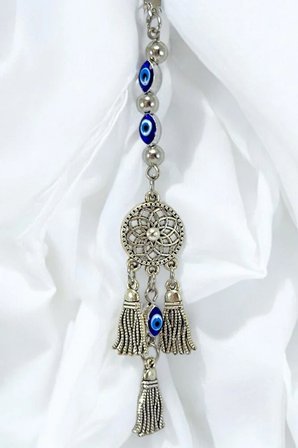 Çerçeveli Elips Nazarlı Metal Lotus Çiçeği Araba Dikiz Ayna Süsü, Püsküllü Yeni Araba Hediyesi