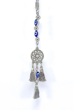 Çerçeveli Elips Nazarlı Metal Lotus Çiçeği Araba Dikiz Ayna Süsü, Püsküllü Yeni Araba Hediyesi