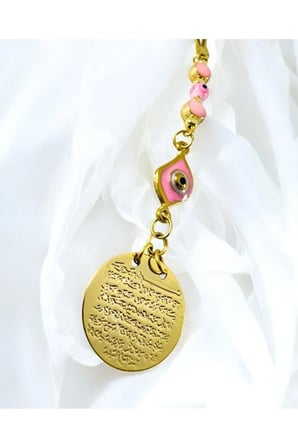 Pembe Metal Göz Nazar Boncuğu Metal Ayetel Kürsi Altın Renkli Araba Dikiz Ayna Süsü
