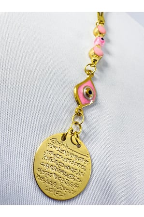 Pembe Metal Göz Nazar Boncuğu Metal Ayetel Kürsi Altın Renkli Araba Dikiz Ayna Süsü