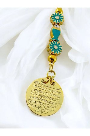 Turkuaz Balık Papatya Çiçek Metal Ayetel Kürsi Altın Renkli Araba Dikiz Ayna Süsü