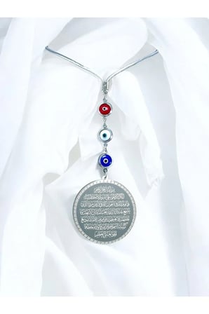 Renkli Nazar Gümüş Renk Çelik Çift Taraflı Ayetel Kürsi Felak Nas Ihlas Araba Ayna Süsü(4,5 CM)