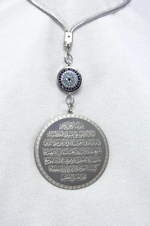 Zirkon Nazarlı Çelik Çift Taraflı Ayetel Kürsi Felak Nas Ihlas Araba Dikiz Ayna Süsü, Plaka 4,5 Cm