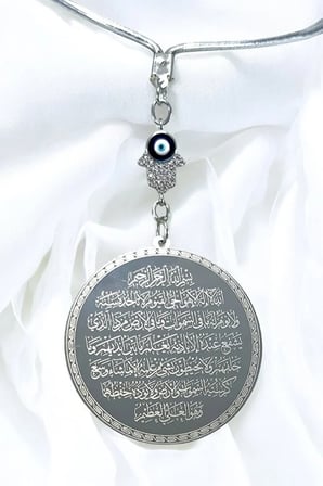 Parlak Taşlı Hamse Çelik Ayetel Kürsi Felak Nas İhlas Çift Yön Araba Dikiz Ayna Süsü 4,5 cm Plaka