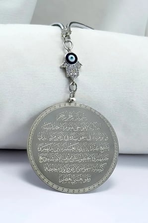 Parlak Taşlı Hamse Çelik Ayetel Kürsi Felak Nas İhlas Çift Yön Araba Dikiz Ayna Süsü 4,5 cm Plaka