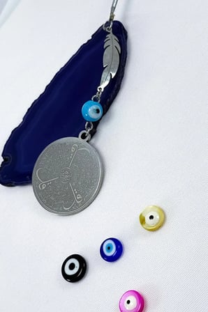Yaprak Mavi Nazar Boncuklu Komple Çelik Çift Taraflı Ayetel Kürsi Felak Nas Ihlas Araba Ayna Süsü