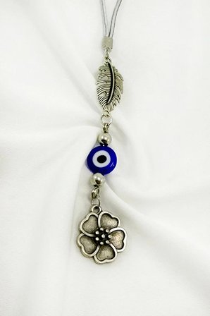 El Yapımı Cam Nazar Boncuklu Metal Çiçekli Yaprak Araba Dikiz Ayna Süsü