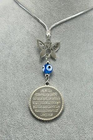 El Yapımı Cam Nazar Boncuklu Komple Paslanmaz Çelik Ayetel Kürsi Felak Nas İhlas Oto Ayna Süsü