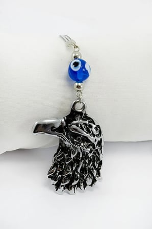 Lacivert El Yapımı Cam Nazar Boncuklu Eskitme Metal Kartal Araba Dikiz Ayna Süsü