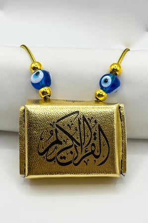 El Yapımı Cam Nazar Boncuklu Deri Çantalı Mini Kur'an-ı Kerim Lastikli Araba Dikiz Ayna Süsü