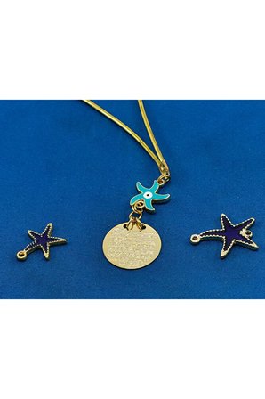 Mavi Deniz Yıldızı Metal Ayetel Kürsi Araba Dikiz Ayna Süsü, Gold Renkli