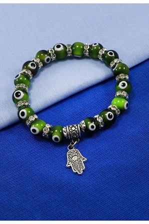 Yeşil Renkli El Yapımı Cam Nazar Boncuklu Hamse Eli Bileklik, Hediyelik Nazar Boncuklu Bileklik