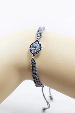 Füme Rengi Asansörlü Gümüş Elips Zirkon Taşlı Nazar Bileklik, Hediyelik Bileklik