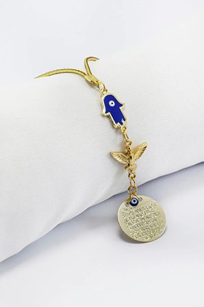 Lacivert Hamse Anka Kuşu Metal Ayetel Kürsi Araba Dikiz Ayna Süsü, Gold Renkli