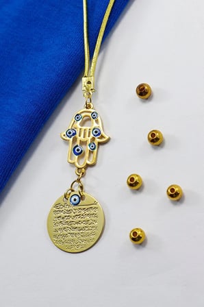 Nazar Boncuklu Altın Kaplama Hamse Metal Ayetel Kürsi Araba Dikiz Ayna Süsü, Gold Renkli