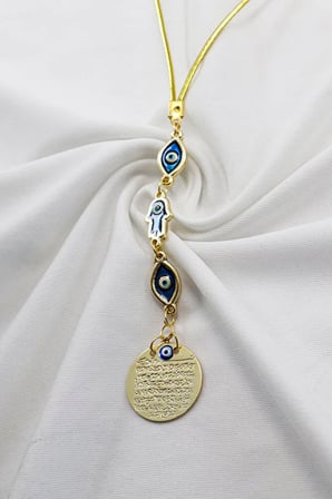 Elips Mineli Nazar Hamse Eli Metal Ayetel Kürsi Araba Dikiz Ayna Süsü, Gold Renkli