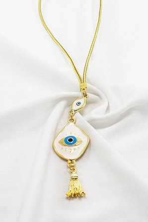 Beyaz Elips Nazarlı Göz Figürlü Püsküllü Dikiz Ayna Süsü, Yeni Araba Hediyesi