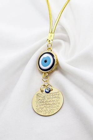 Desenli Çerçeve Nazar Gold Renkli Metal Ayetel Kürsi Araba Dikiz Ayna Süsü, Araba Hediyesi