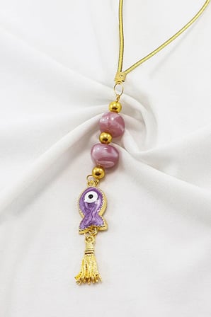 Pembe Boncuklu Mor Sedefli Balık Figürlü Araba Dikiz Ayna Süsü, Yeni Araba Hediyesi