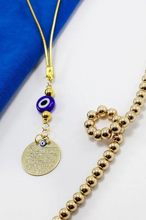 El Yapımı Yassı Cam Nazar Boncuklu Gold Renkli Metal Ayetel Kürsi Araç Dikiz Ayna Süsü
