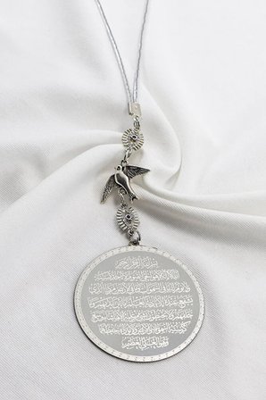 Minik Göz Figürlü Kuş Paslanmaz Çelik Ayetel Kürsi Nazar Ayeti Araba Dikiz Ayna Süsü (4,5cm Plaka)