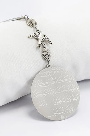 Minik Göz Figürlü Kuş Paslanmaz Çelik Ayetel Kürsi Nazar Ayeti Araba Dikiz Ayna Süsü (4,5cm Plaka)