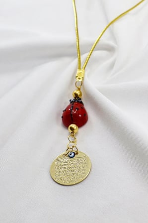 El Yapımı Cam Uğur Böcekli Küçük Metal Ayetel Kürsi Araba Dikiz Ayna Süsü Gold Renkli