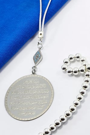 Zirkon Taşlı Nazar Ayetel Kürsi Nazar Ayeti Paslanmaz Çelik Araba Dikiz Ayna Süsü(4,5cm)