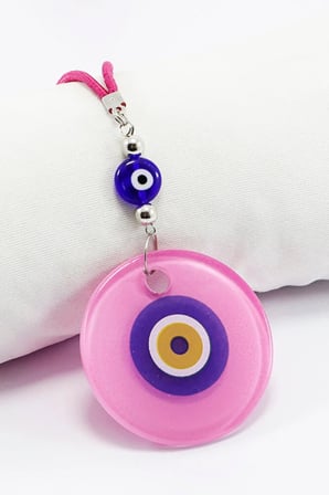 El Yapımı Yassı Cam Nazar Boncuklu Pembe Cam Nazarlı Araba Dikiz Ayna Süsü, Yeni Araba Hediyesi