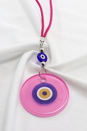 El Yapımı Yassı Cam Nazar Boncuklu Pembe Cam Nazarlı Araba Dikiz Ayna Süsü, Yeni Araba Hediyesi